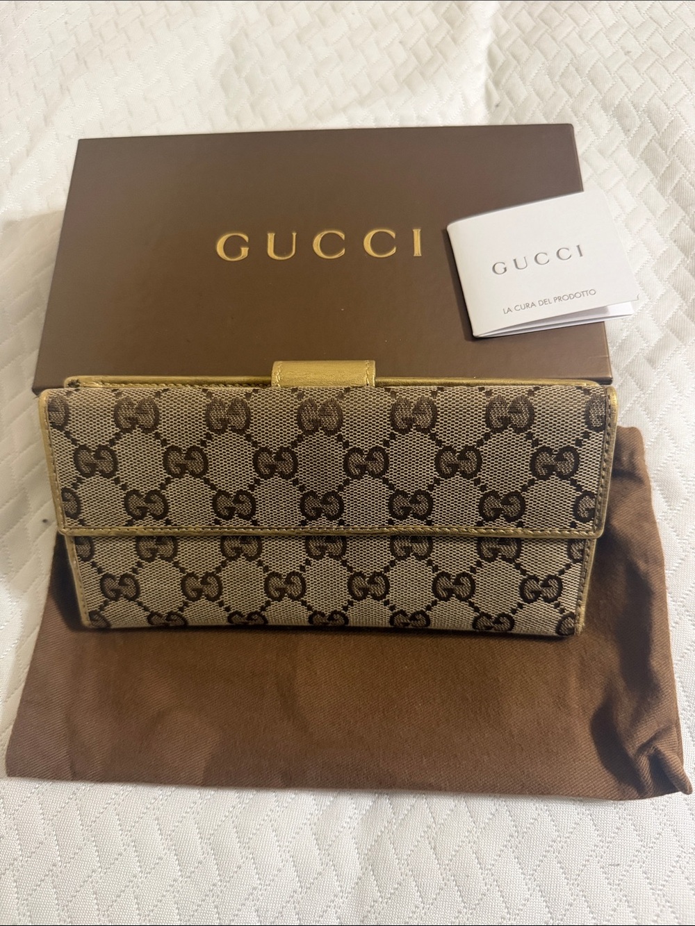 Gucci Brown GG Monogram Continental Wallet with Gold Trim